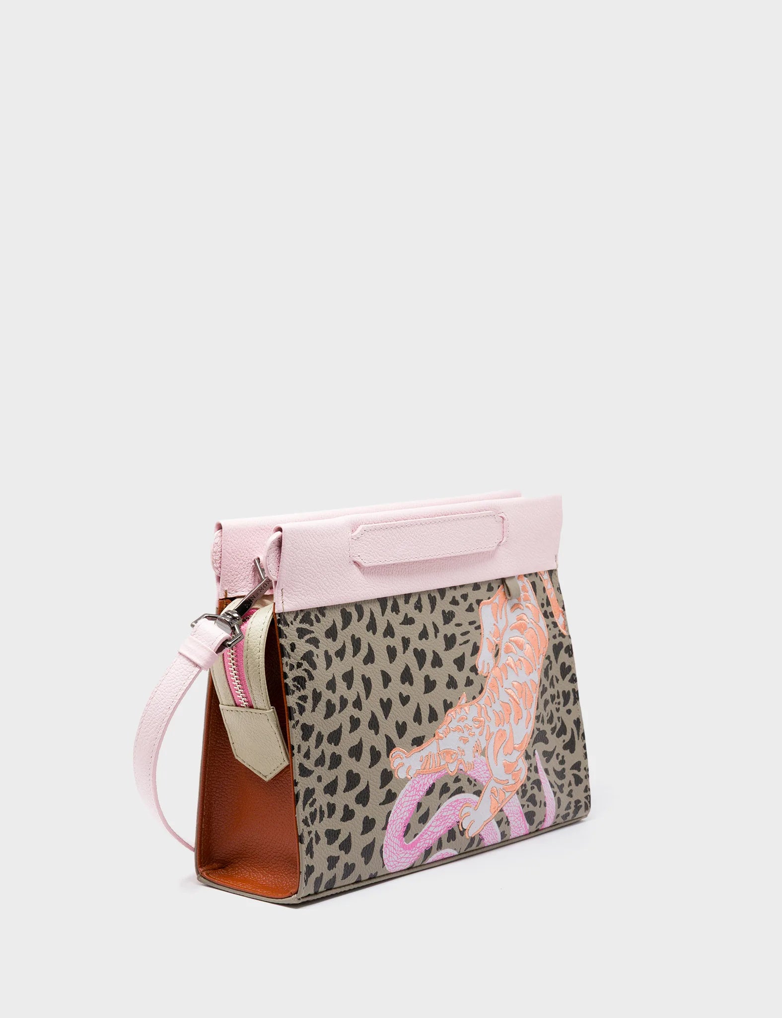Vali Crossbody Tuffet Brown and Parfait Pink - Retro Tiger Design