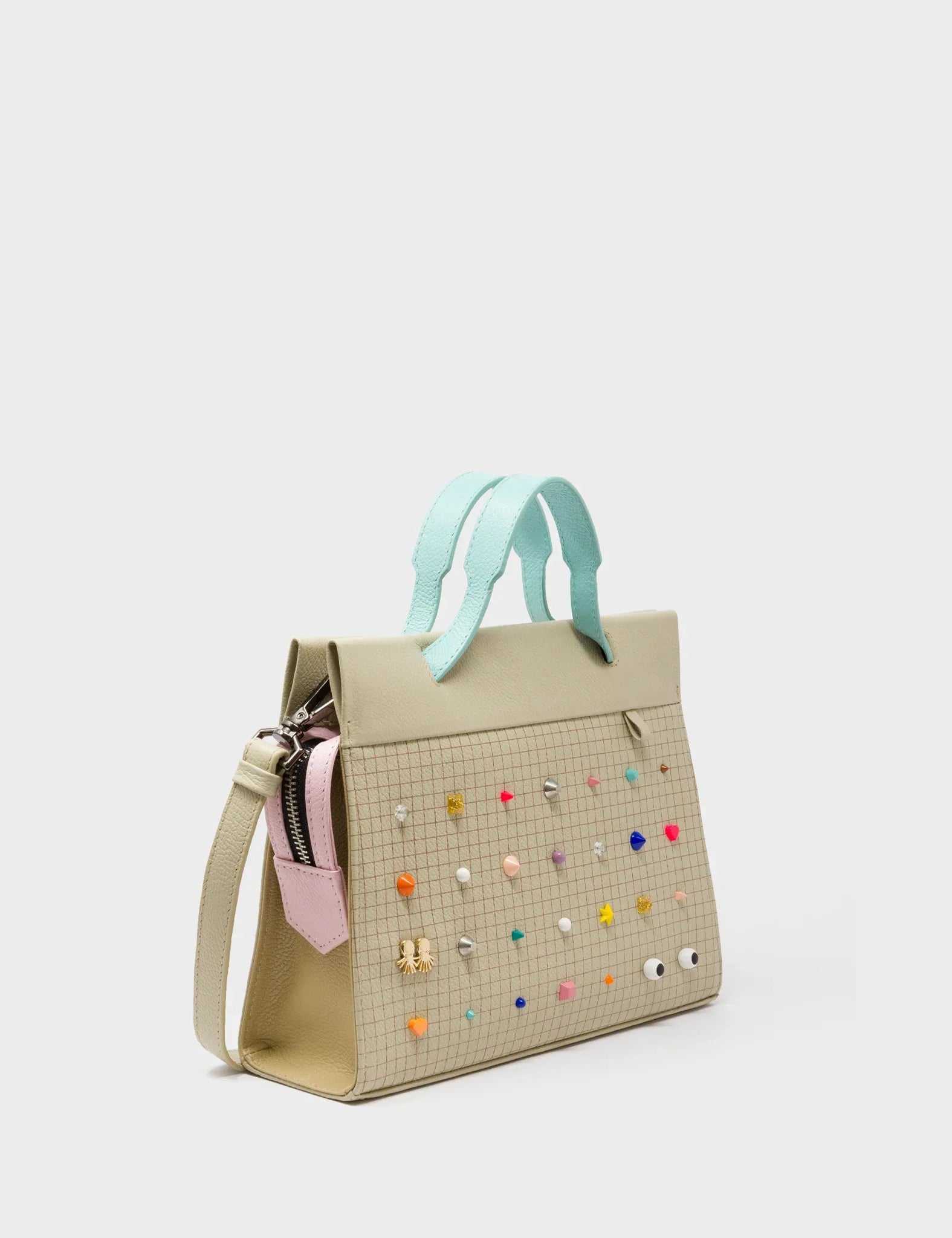Vali Crossbody Gravel Beige Leather Bag - Studs Pattern