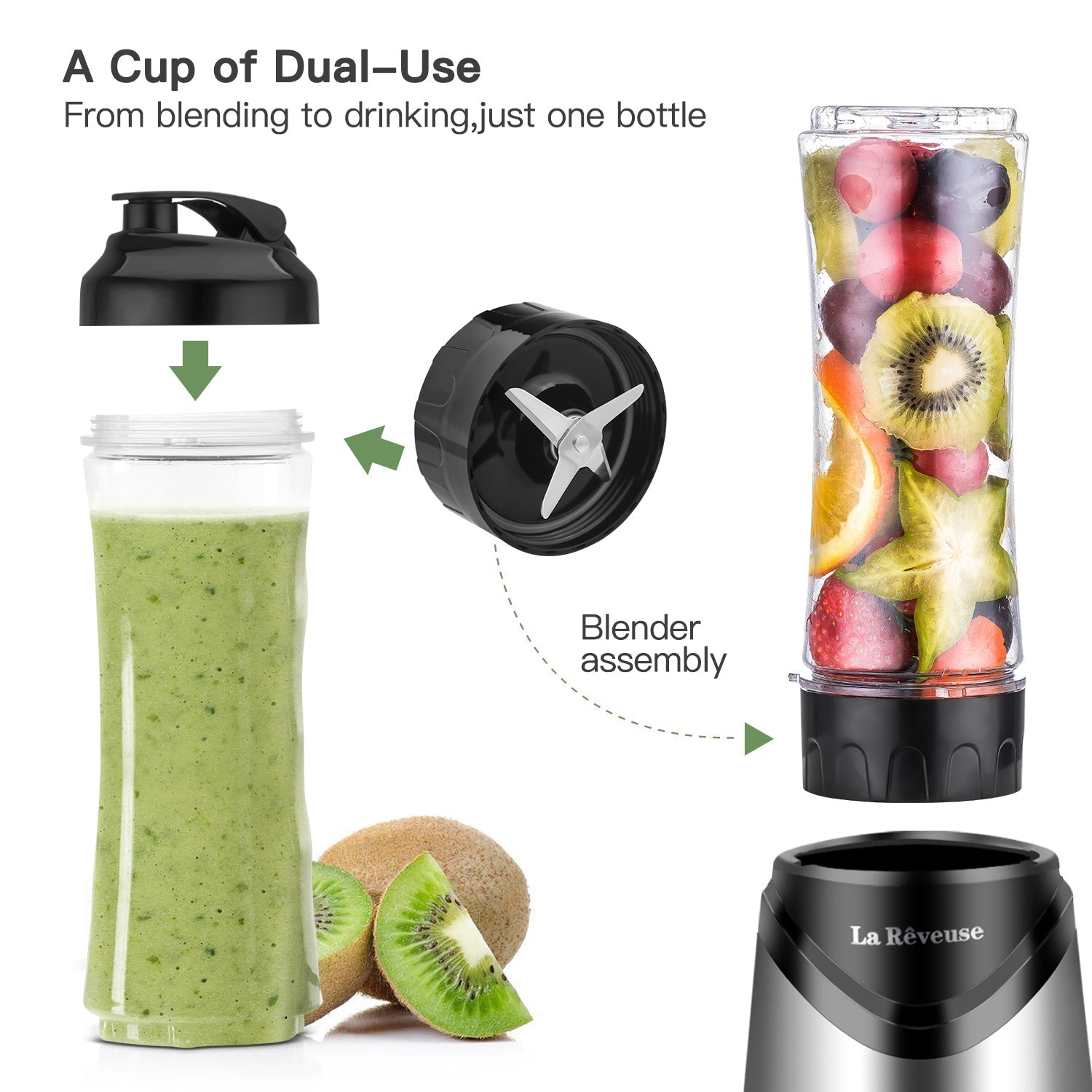 Smoothies Blender 300 Watt with 2 Pieces 18 oz BPA Free Portable Travel Sports Bottles (Silver 2 Cups)
