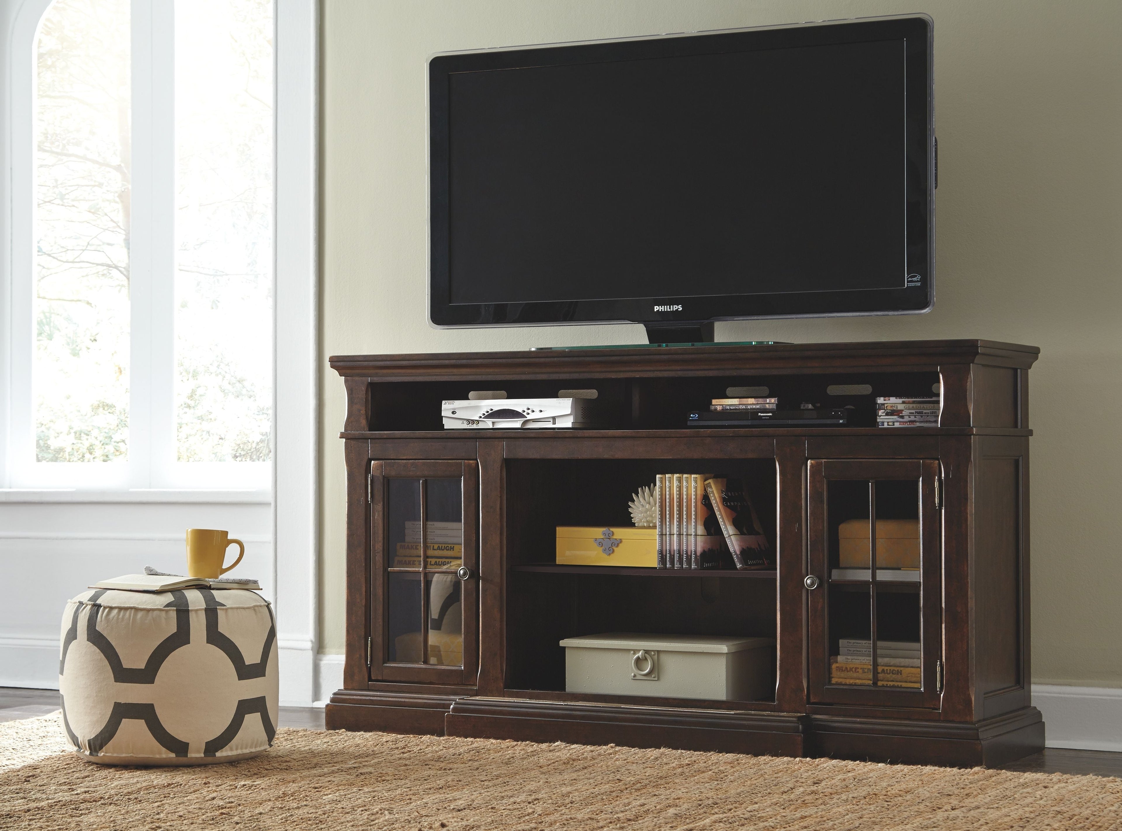 Roddinton - Dark Brown - 2 Pc. - 74 TV Stand with Electric Infrared Fireplace Insert
