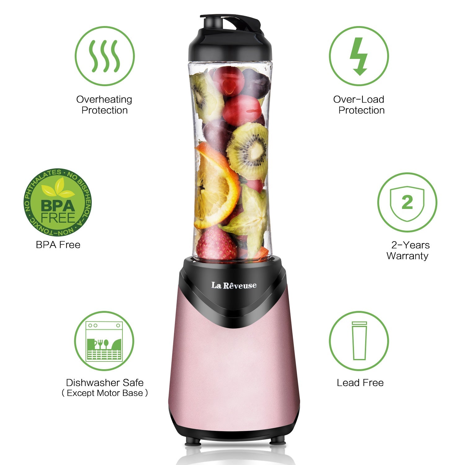 La Reveuse Smoothies Blender 300 Watt with 18 oz BPA Free Portable Travel Sports Bottle - Pink Stainless Steel Blade LARB1802P