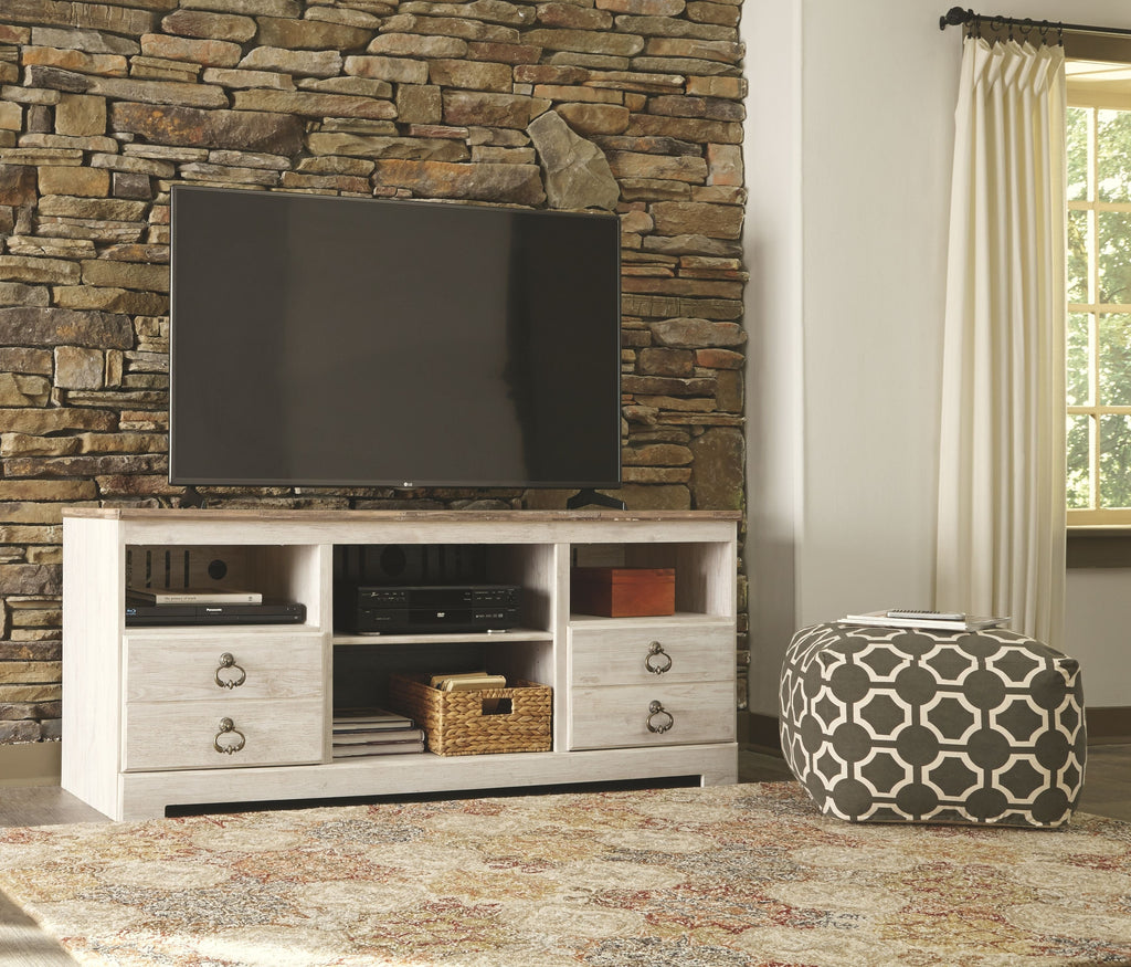 Willowton - Whitewash - 2 Pc. - 64 TV Stand with Faux Firebrick Fireplace Insert