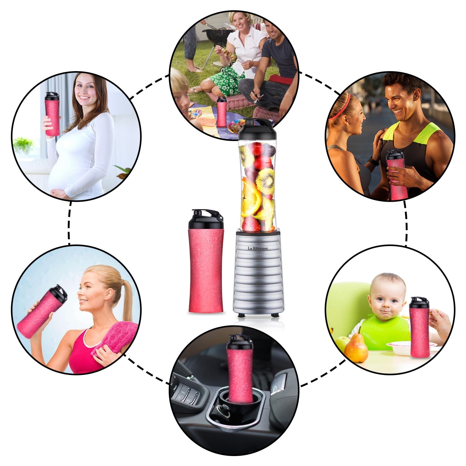 La Reveuse Smoothies Blender 300 Watt with 18 oz BPA Free Portable Travel Sports Bottle (Silver)