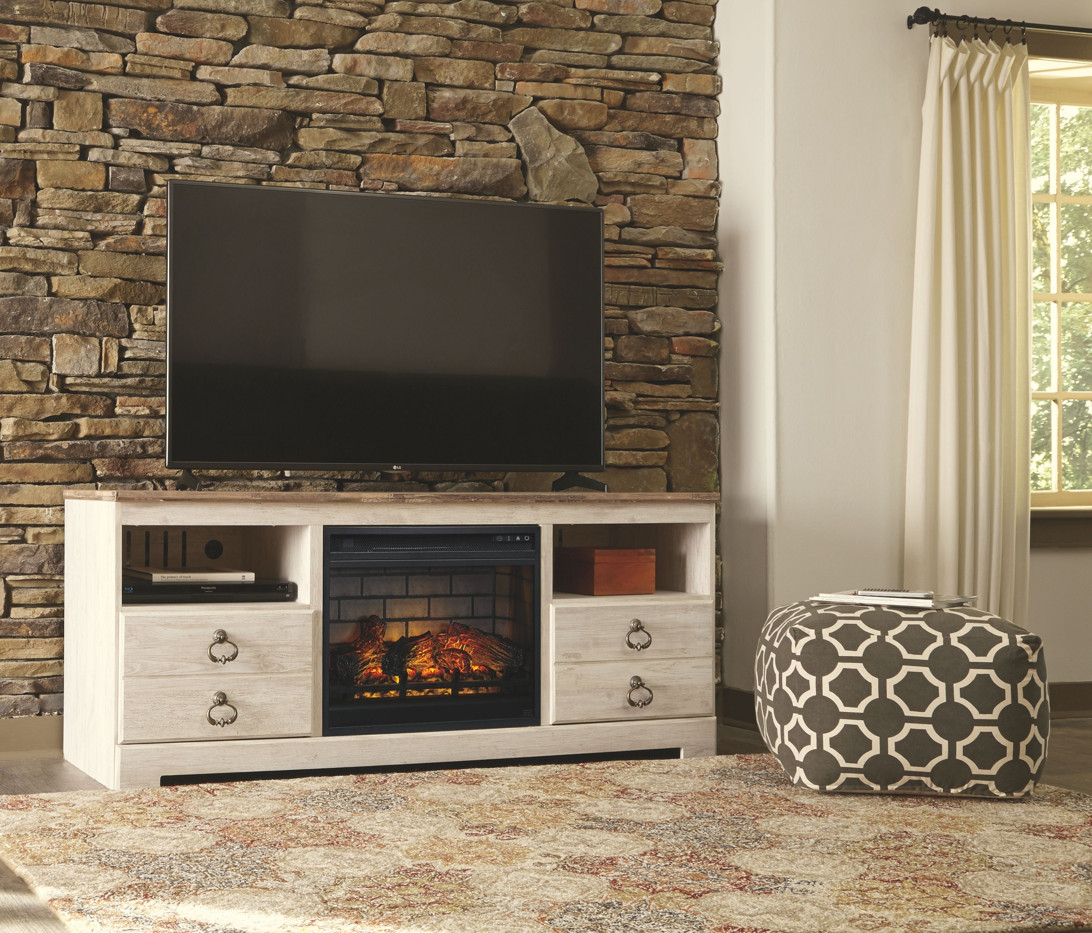 Willowton - Whitewash - 2 Pc. - 64 TV Stand with Faux Firebrick Fireplace Insert