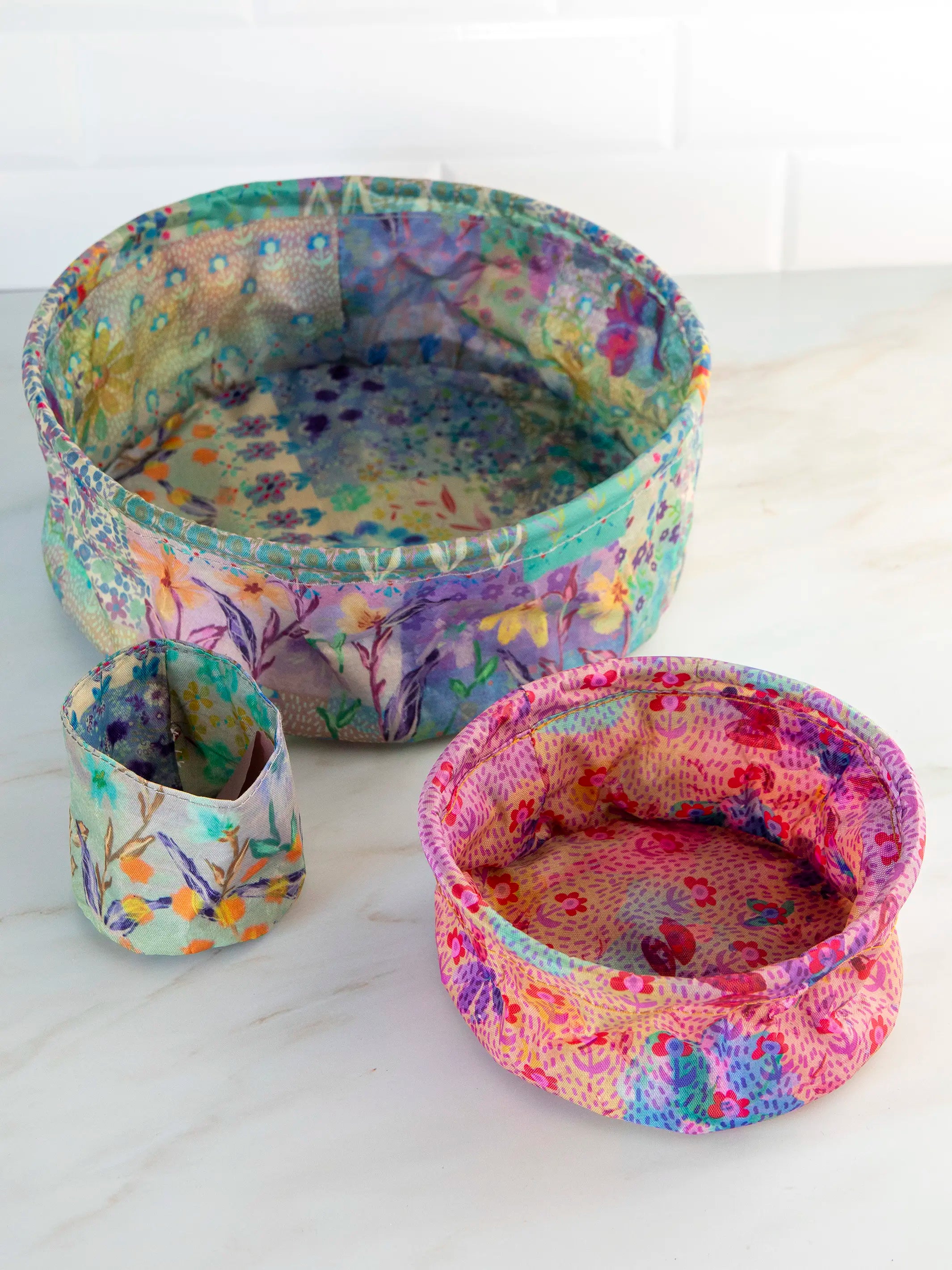 Mini Collapsible Storage Bins. Set of 3 - Taupe Watercolor Patchwork