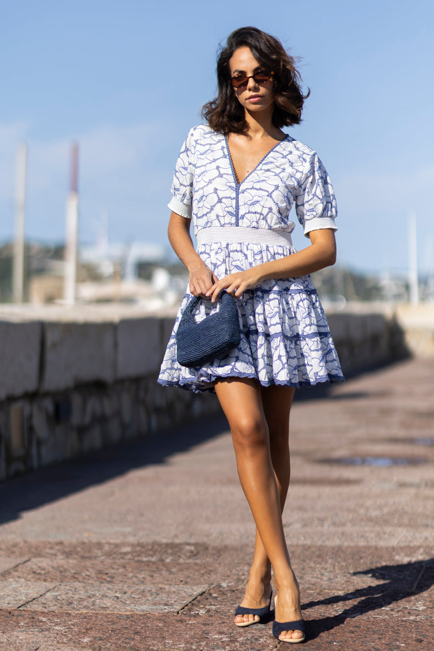 Ginette Embroidered Mini Dress Blue