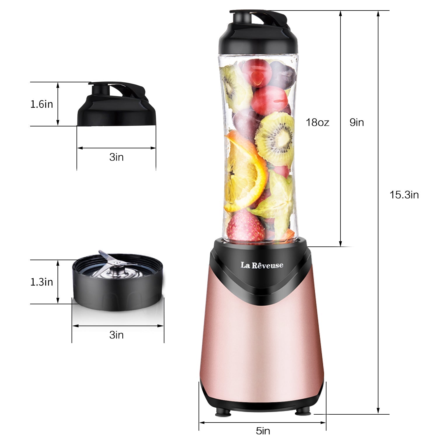 La Reveuse Smoothie Blender Personal Size 300 Watts with 2 Pieces 18 oz BPA Free Travel Sports Bottles.Grey (Pink)