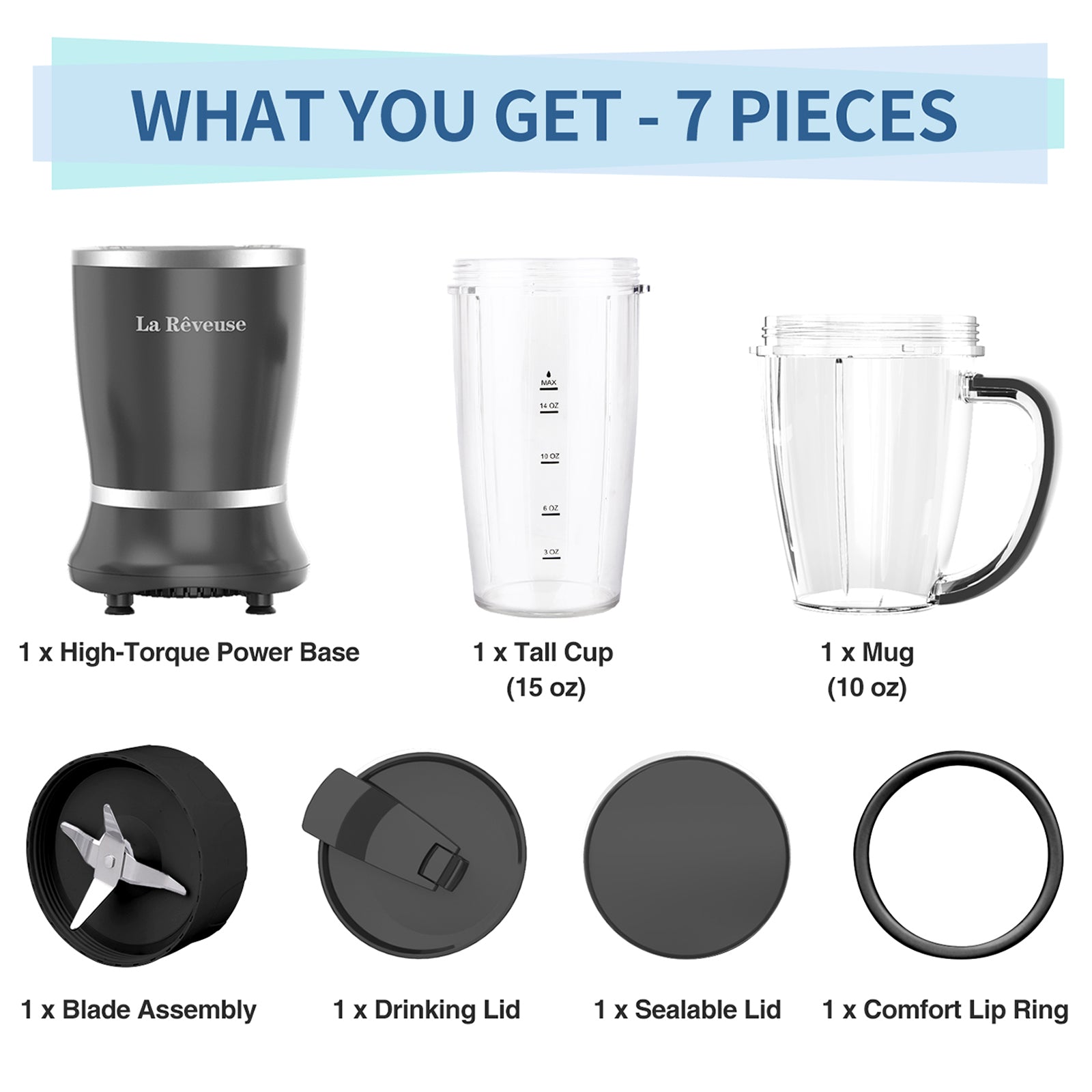 La Reveuse Personal Size Blender 250 Watts Power for Shakes Smoothies Seasonings Sauces with 1 Piece 15 oz Cup.1 Piece 10 oz Mug.BPA Free (Black)