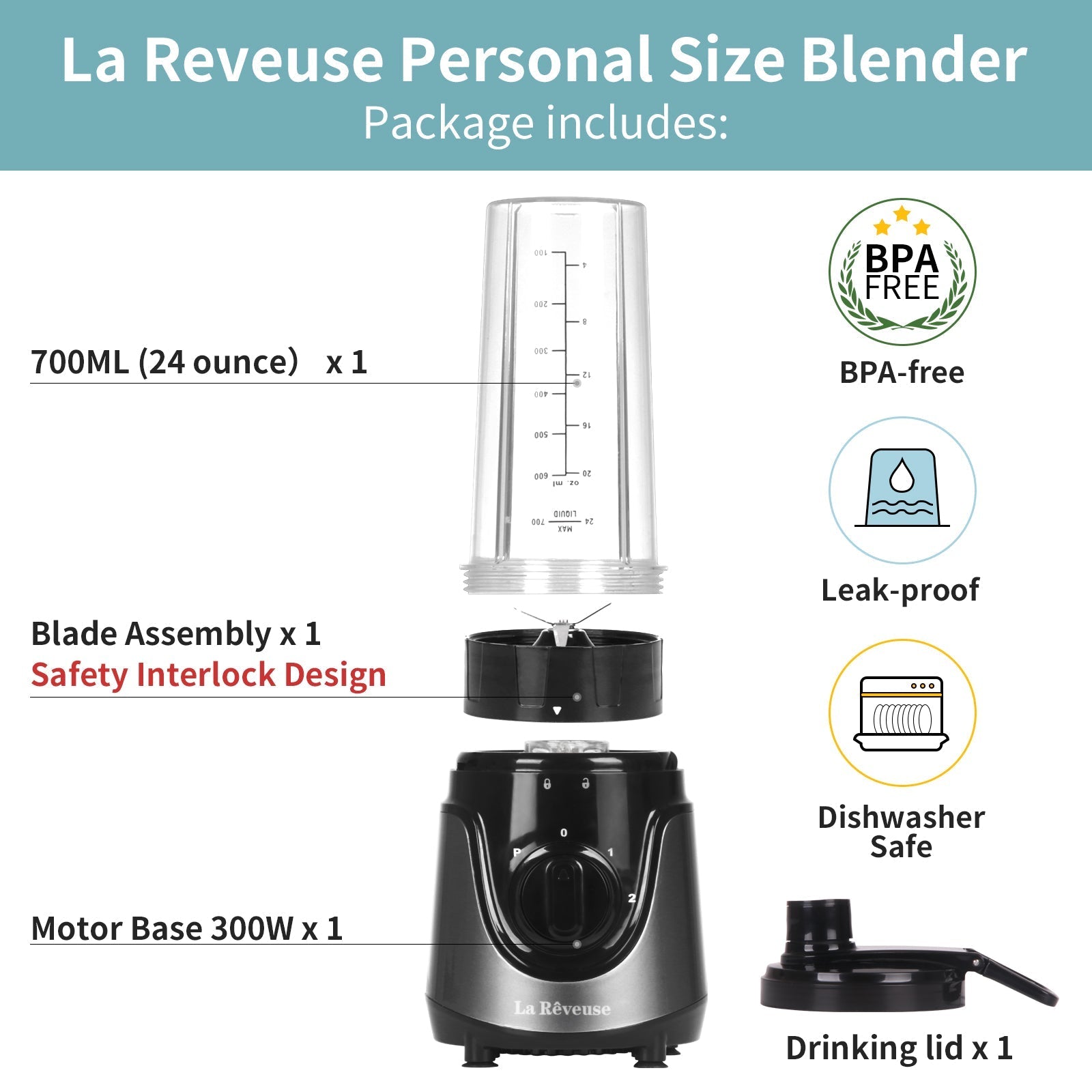La Reveuse Personal Size Smoothies Blender 300 Watts with 24 oz BPA Free Portable Travel Sports Bottle (Grey)