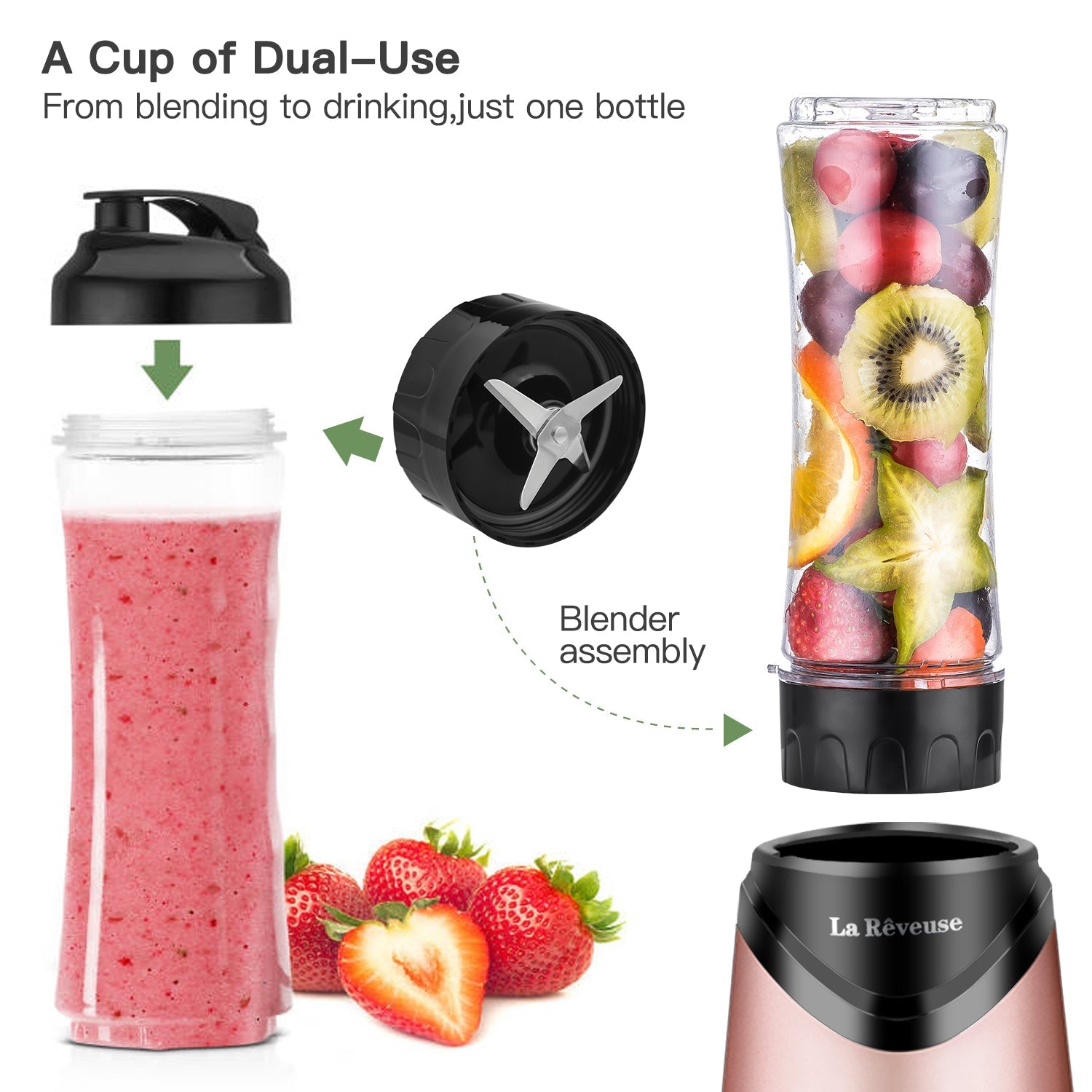 La Reveuse Smoothie Blender Personal Size 300 Watts with 2 Pieces 18 oz BPA Free Travel Sports Bottles.Grey (Pink)