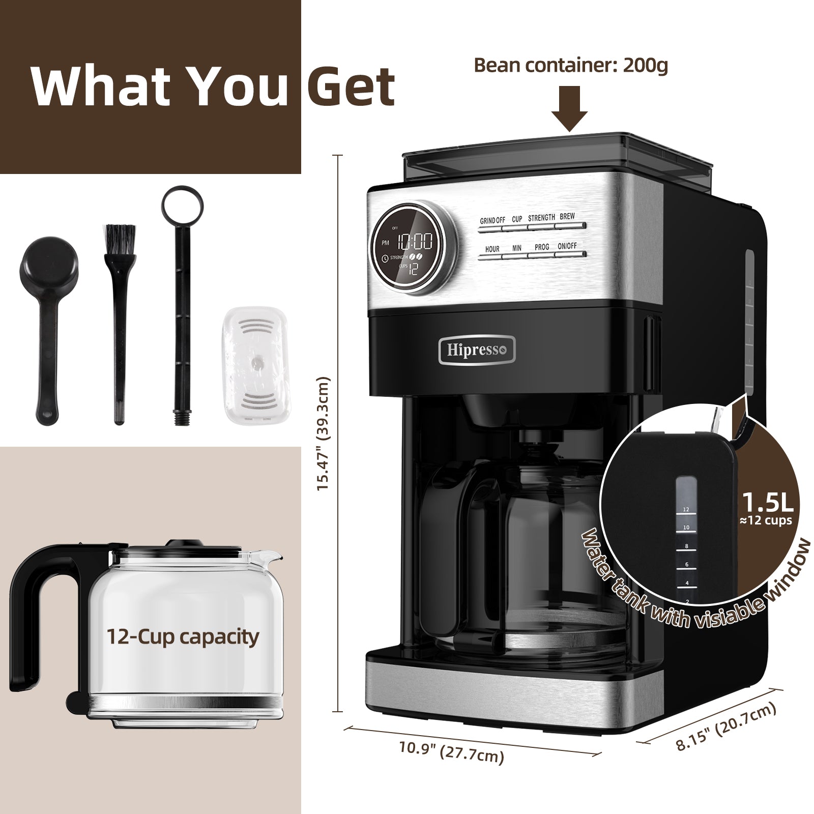 La Reveuse Programmable Drip Coffee Maker with Burr Grinder.2-Way Brewing.12 Cups.Black & Stainless Steel