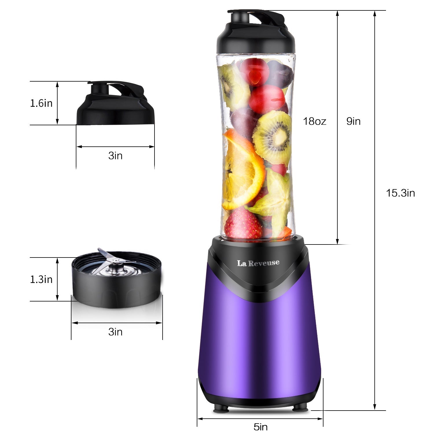 La Reveuse Smoothie Blender Personal Size 300 Watts with 2 Pieces 18 oz BPA Free Travel Sports Bottles.Purple